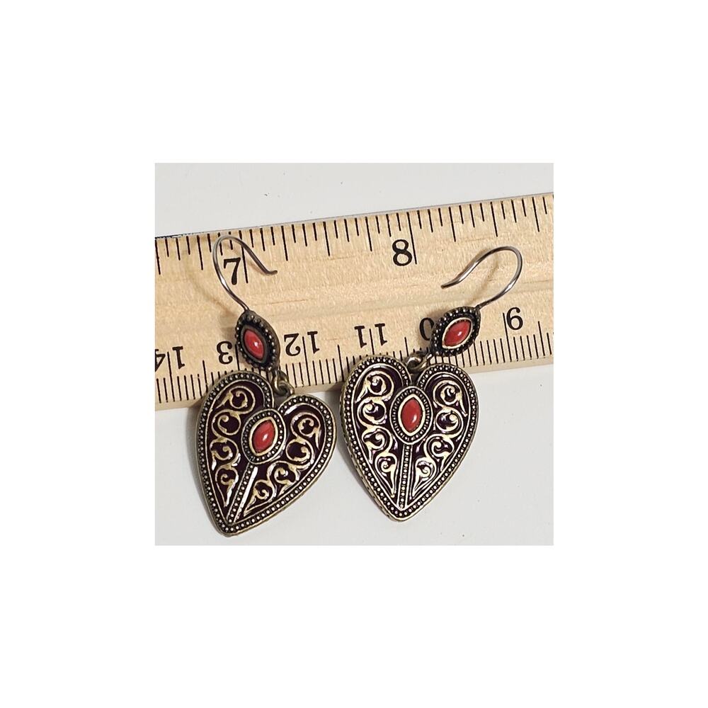 Antique Look Heart Earrings with Red Stone "Hold onto your dreams"